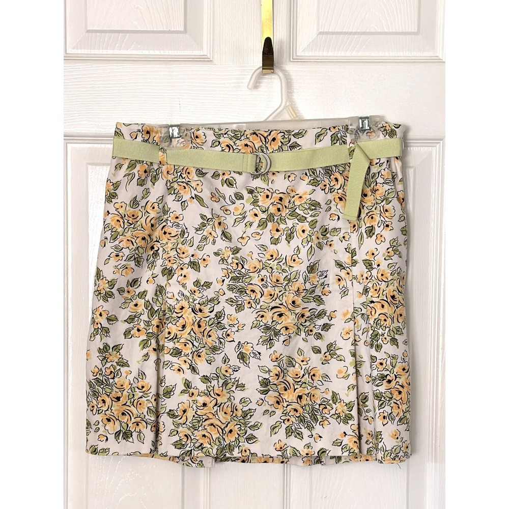 Ann Taylor LOFT Floral Mini Skirt Yellow Green Belted Size 10 Cotton Blend